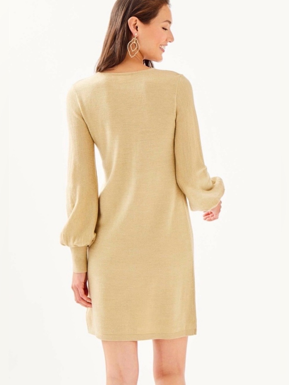 Lilly Pulitzer Sariya Long Sleeve V-Neck Sweater Dress Gold Small Classic Lux - Picture 2 of 4